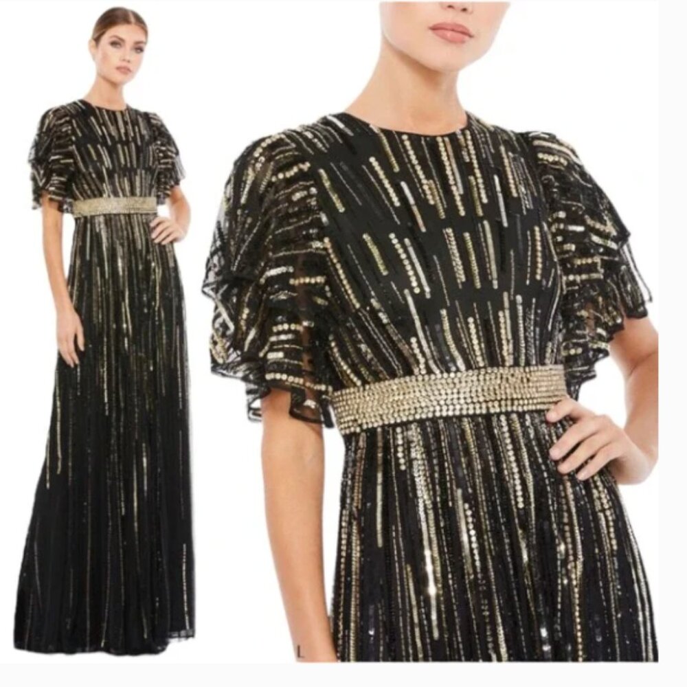 MAC DUGGAL 93582 EMBELLISHED FULL LENGTH LAYERED SLEEVE BLACK GOWN sz 8